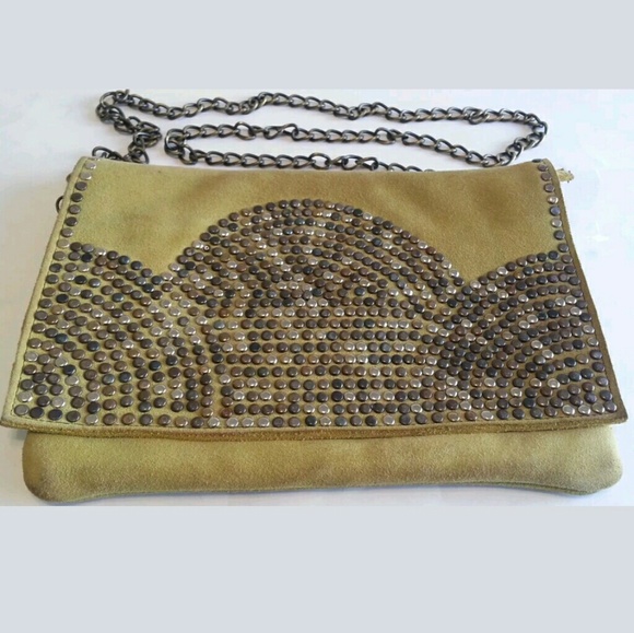 Rare Studded SUEDE Leather CLUTCH Purse Chain Bag VINTAGE BoHo Statement FALL - Picture 6 of 8